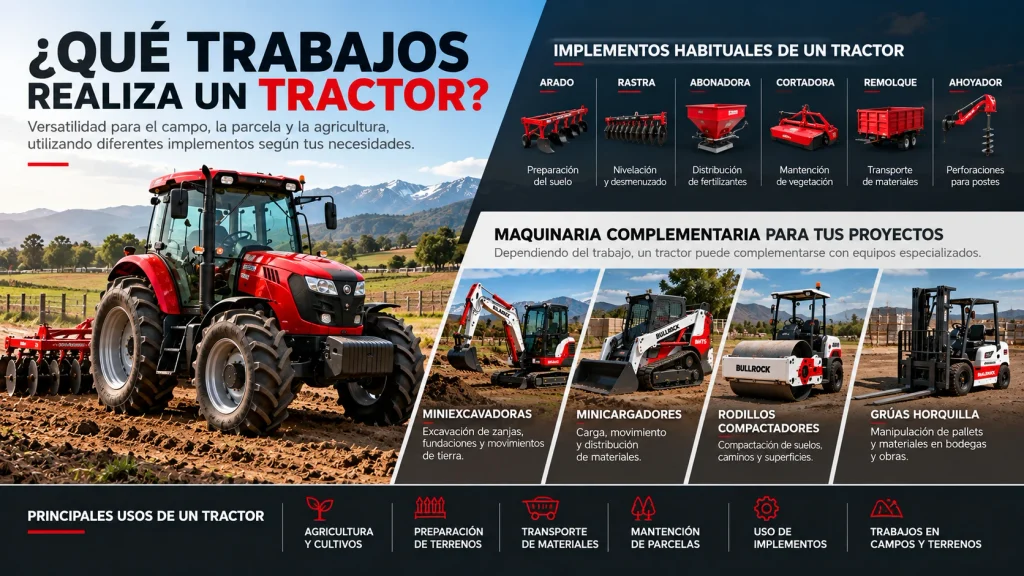 Tractor con implementos agrícolas y maquinaria complementaria para trabajos en parcelas y terrenos en Chile
